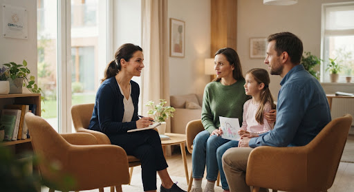 Specjalistka rozmawiająca z rodziną w pokoju konsultacyjnym